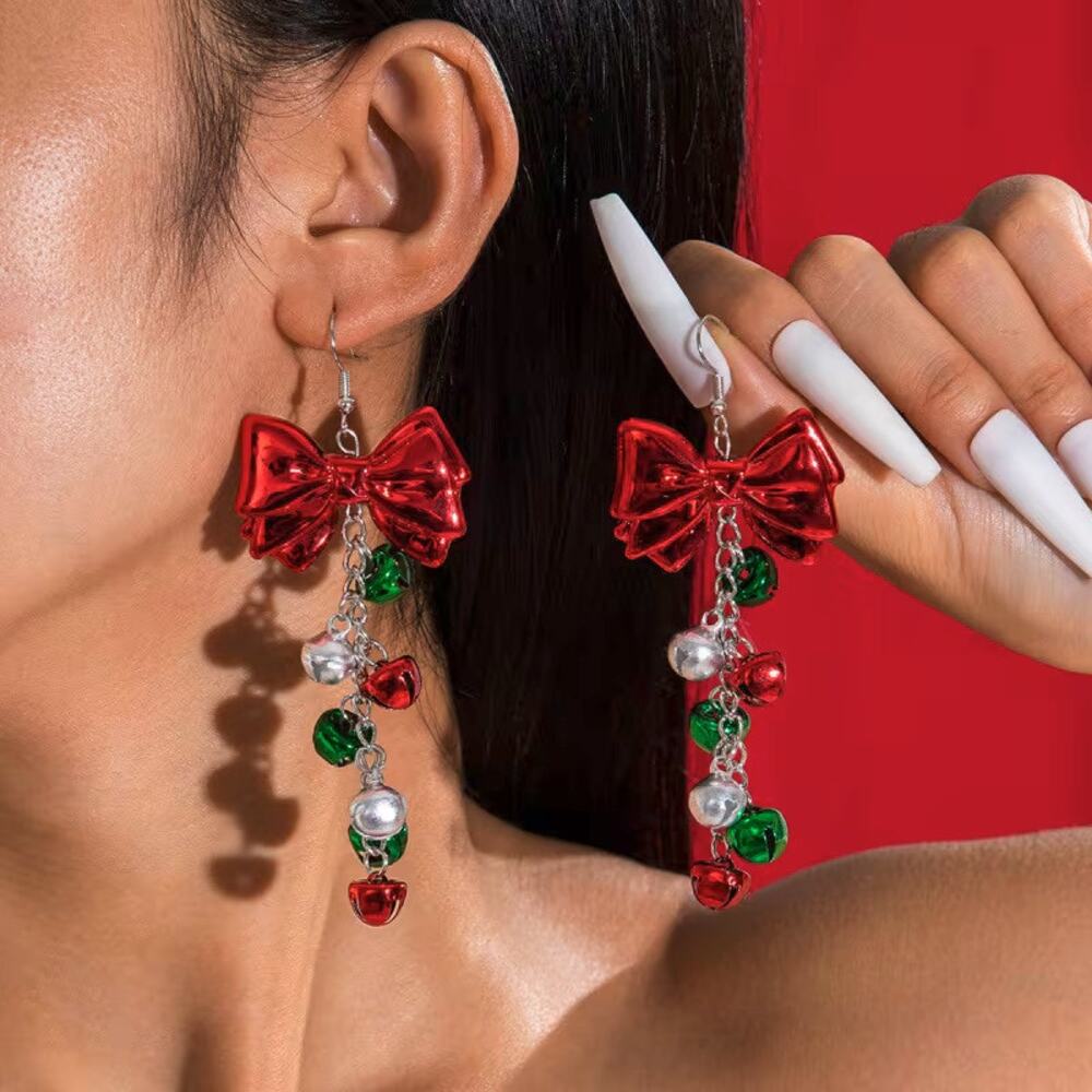 Christmas Cheers, New Year's, Holiday Jingle Bell w/ Bow Earrings